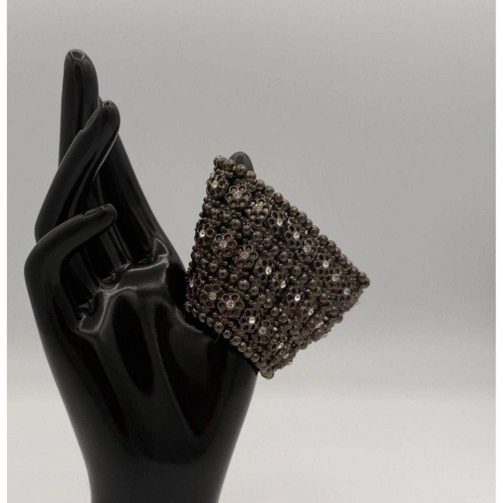 Vintage Rhinestone Beaded Flower Wide Cuff Bracelet‎ Statement Jewelry Y2K 90s